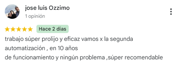 Reseña autentica de cliente que destaca el servicio de automatizacion de portones pioca