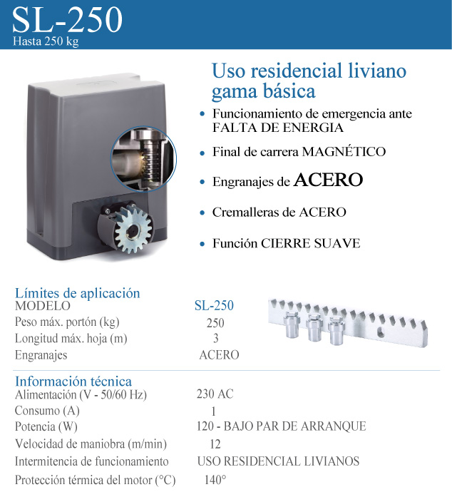 Ficha técnica del kit de motor para portón corredizo residencial SL-250 piOca